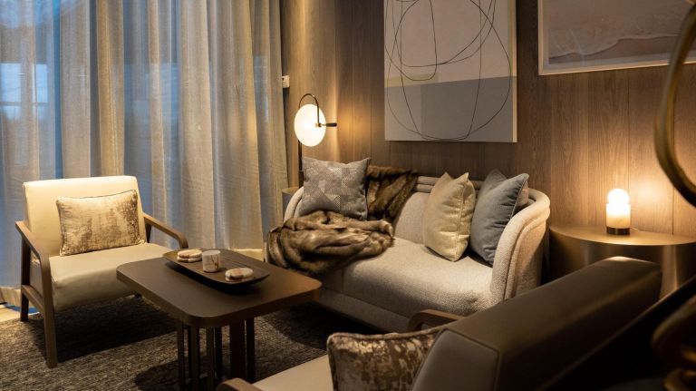 Seating areas are accessorized with blankets for the winter.