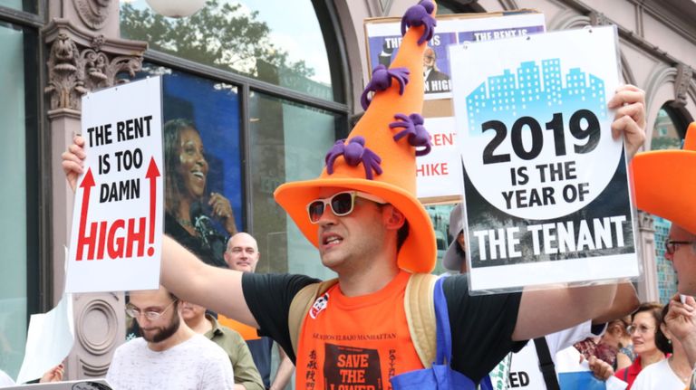 Roughly 200 tenants and tenant advocates gathered outside The Great Hall at Cooper Union Tuesday to protest rent increases in stabilized apartments.