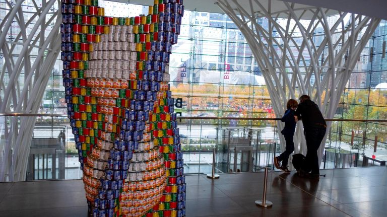 "Time's Up for Hunger" is among the sculptures at Brookfield Place, which will later be broken down and donated to City Harvest for distribution to those in need.
