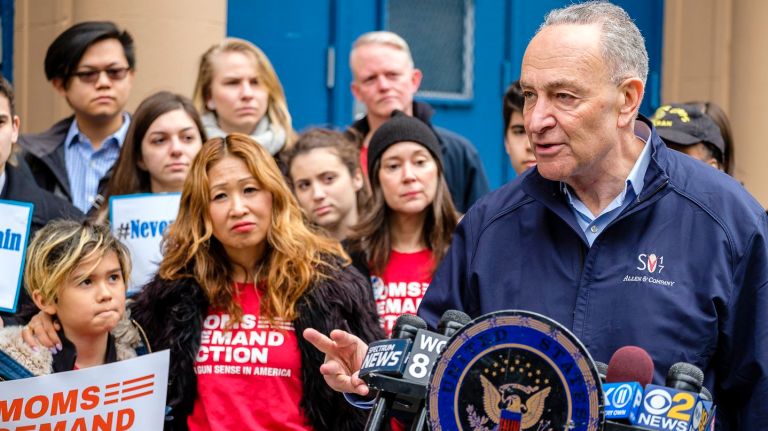 Gun control would be tightened with new Schumer proposals, backed by teens 1 Sen. Chuck Schumer, joined by students and parents in Manhattan, announces plans to push for a vote on three gun control measures at a news conference on March 4, 2018.