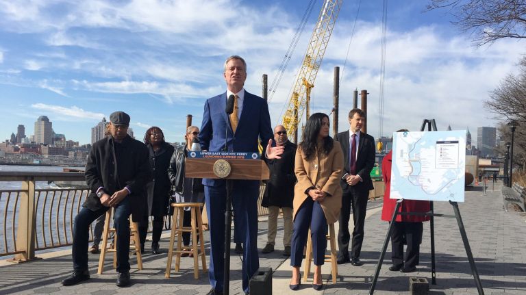 NYC Ferry dock construction was discussed by Mayor Bill de Blasio at Corlears Hook on Wednesday, Feb. 28, 2018.