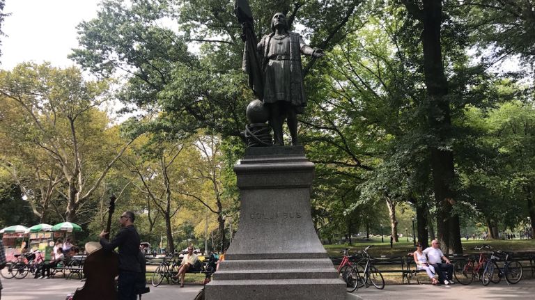 The Christopher Columbus statue in Central Park was vandalized with graffiti and paint on Tuesday, Sept. 12, 2017, police said. The graffiti had been removed by city personnel by Tuesday afternoon.