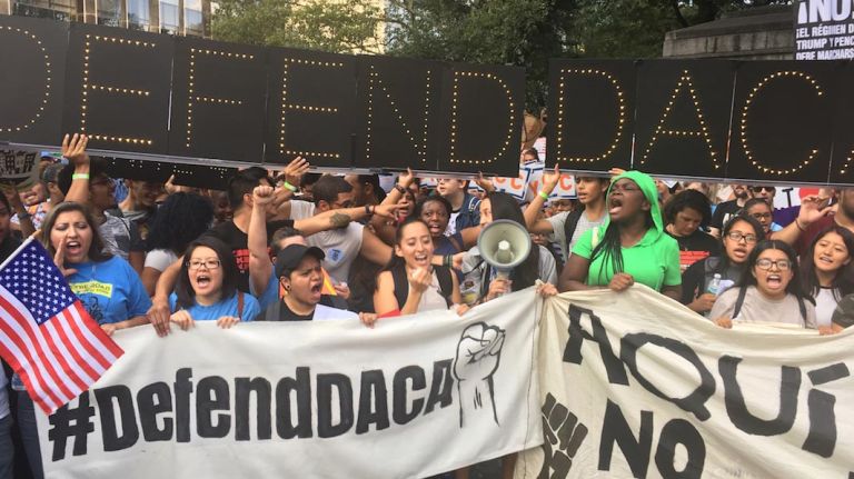 Supporters of DACA, the Deferred Action for Childhood Arrivals program, will march in Manhattan on Wednesday, Aug. 30, 2017. Above, protesters who support the program rally outside of Trump Tower on Fifth Avenue in Manhattan on Aug. 15, 2017.