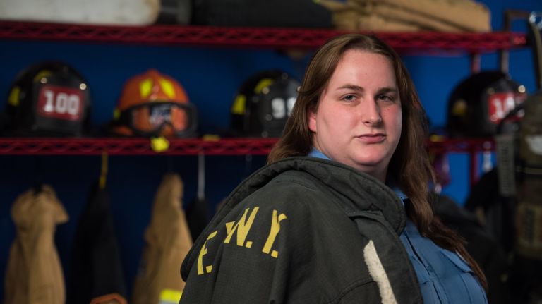 Brooke Guinan, the first openly transgender woman in the FDNY, is a grand marshal in the NYC Pride March on Sunday, June 25, 2017.