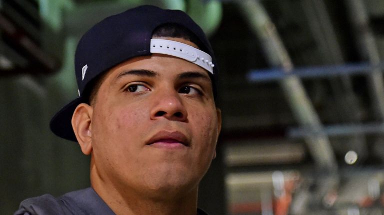 
New York Yankees Dellin Betances speaks to the media today during the first day of Spring Training at George M. Steinbrenner Field in Tampa Florida. Feb. 18, 2016