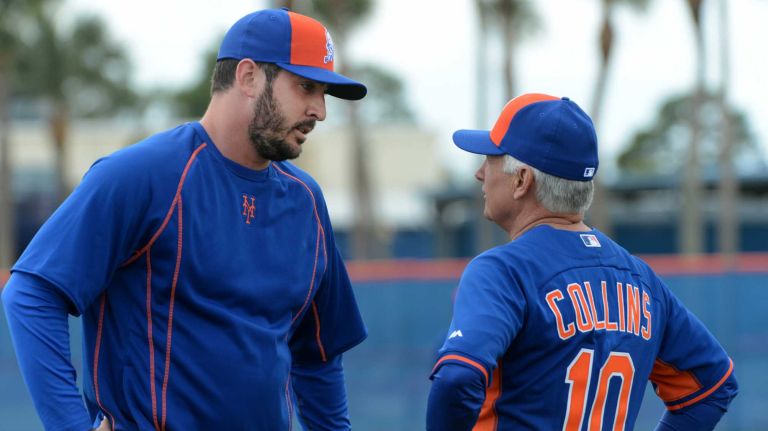 Mets pitcher Matt Harvey, left, talks with manager Terry Collins during a spring training workout on Saturday, Feb. 21, 2015, in Port St. Lucie, Fla.