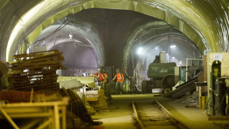 East Side Access update: MTA pulverized 350-million-year-old rock under Grand Central Terminal 2 Work is seen on the Long Island Road Road's East Side Access project during a press tour on Nov. 4, 2015, in Manhattan. The underground tour went from Grand Central Terminal and ran under Park Avenue north to under East 50th Street.