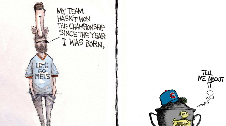 Matt Davies and Scott Stantis cartoon about the Mets-Cubs playoff series. 