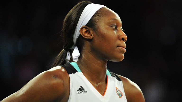 New York Liberty center Tina Charles reacts at the end of Game 1 of the WNBA Eastern Conference Semifinals against the Washington Mystics at Madison Square Garden on Friday, Sept. 18, 2015