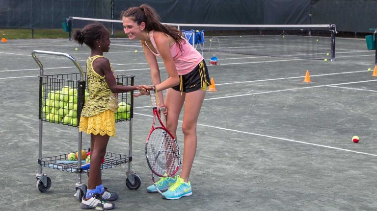 Briana Bartels (left) and Justina Camaj talk during practice at the New York Tennis Club in Silver Beach on Aug. 12, 2015. Silver Beach is a neighborhood located on the Bronx side of the Throgs Neck Bridge. ?