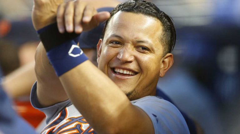 Miguel Cabrera of the Detroit Tigers has a laugh in the dugout against the Yankees at Yankee Stadium on Friday, June 19, 2015.