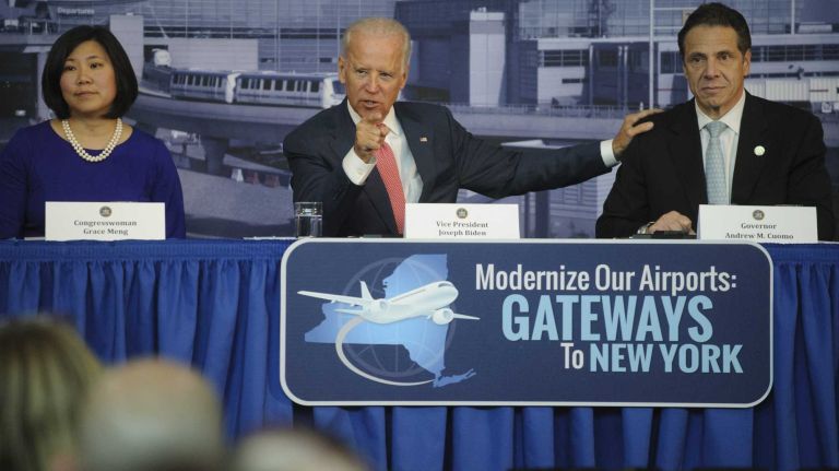 We're depending on Cuomo to fix JFK, LaGuardia 1 From left to right: U.S. Rep. Grace Meng, Vice President Joe Biden, and New York Gov. Andrew M. Cuomo hold a news conference in a hangar at Vaughn College of Aeronautics and Technology in Queens to announce a design competition to modernize four New York airports, Monday, Oct. 20, 2014.