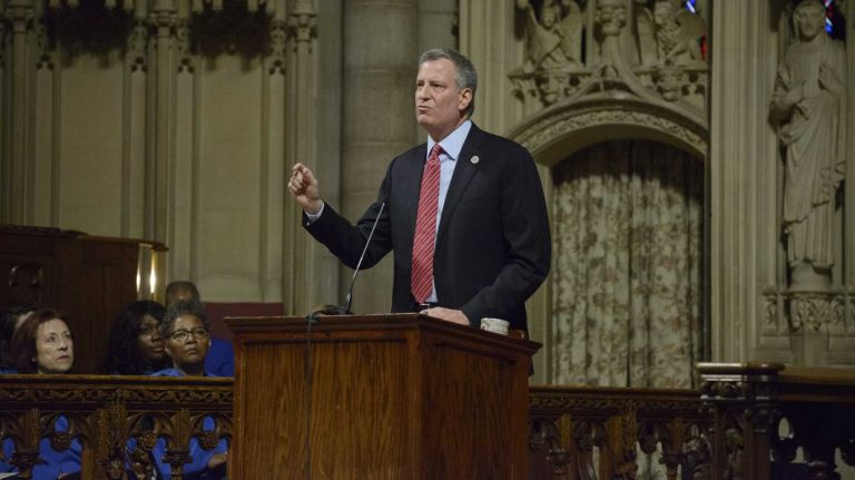 New York City Mayor Bill de Blasio speaks before the congregants of the Riverside Church about his vision for New York City's schools on March 23, 2014.