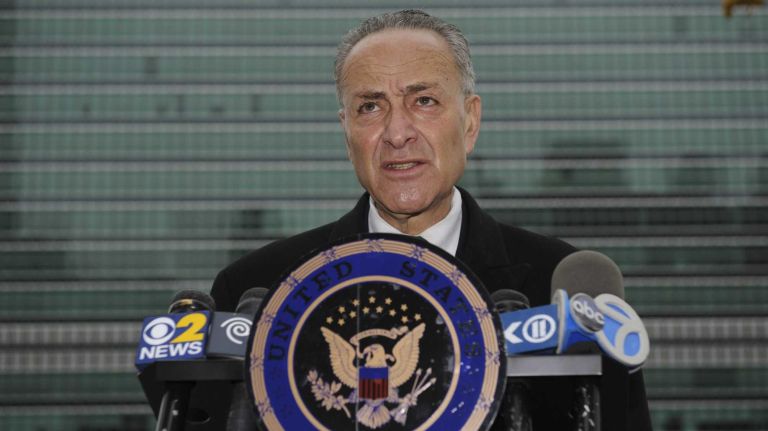 U.S. Sen. Charles Schumer holds a news conference across the street from the United Nations on March 2, 2014.