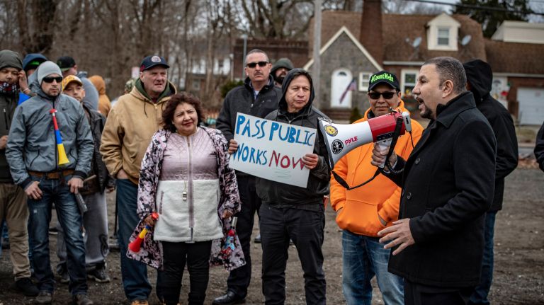 Assemblyman Phil Ramos.right, Union leaders and workers rallying for state legislation requiring the prevailing wage be paid on building projects that get tax breaks at the Long Island Federation of Labor in Wyndanch&nbsp;on Thursday.
