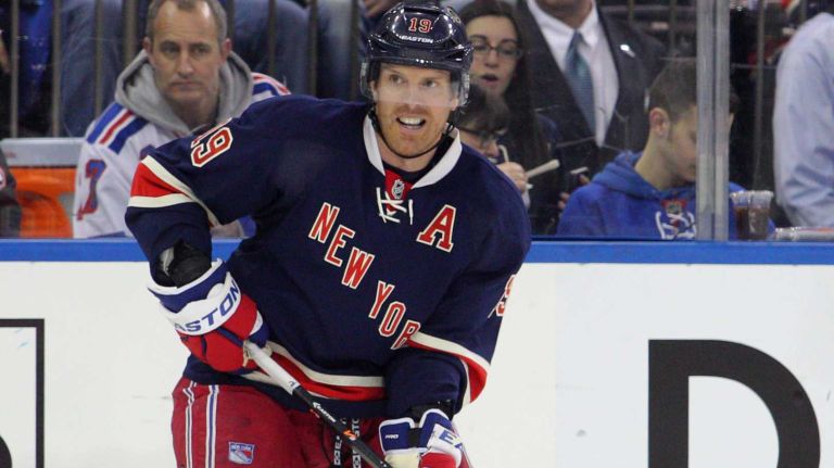 Brad Richards controls the puck against the Boston Bruins during the third period of a game at Madison Square Garden on Sunday, Mar. 2, 2014.