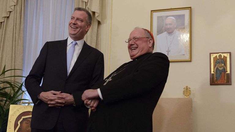 Mayor Bill de Blasio visits Cardinal Timothy M. Dolan at the cardinal's residence Manhattan. (Jan. 13, 2014)