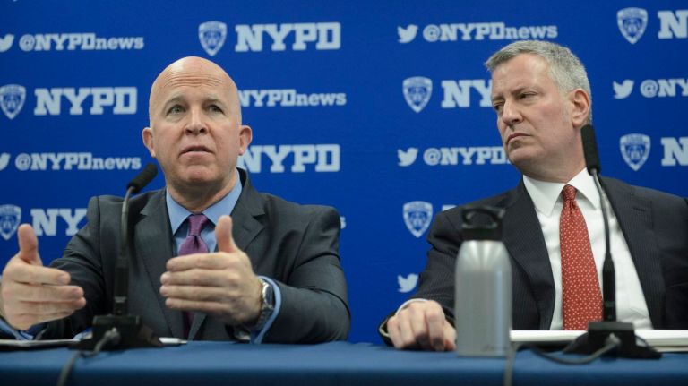 NYC’s crime drop is result of precision and community policing, NYPD says 1 NYPD Commissioner James P. O'Neill and Mayor Bill de Blasio host a monthly crime briefing at the 114th Precinct in Astoria, Queens on March 1, 2017.