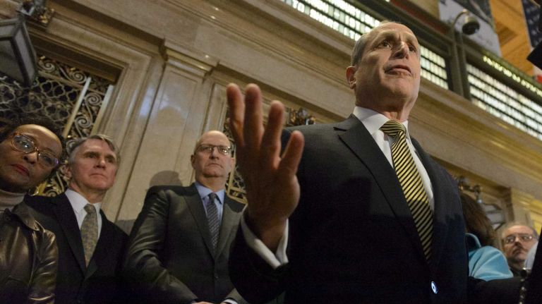 Former Metropolitan Transportation Authority chiefs are advocating for keeping transit improvements on track.  Elliot Sander speaks at a news conference on Jan. 13, 2015 in Grand Central Terminal  with Jay Walder, center.