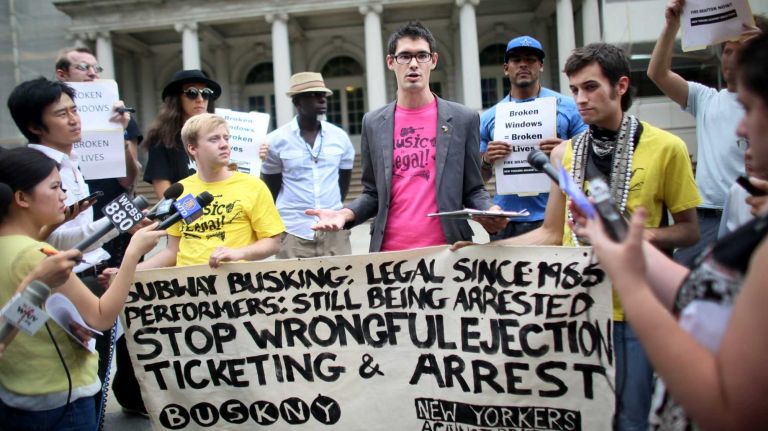 Subway dancers sound off over crackdown 1 Advocate for street performers Matthew Christian, center, speaks to the media with other subway performance artists about the police crackdown on their craft in Manhattan, on Tuesday, Aug. 12, 2014.