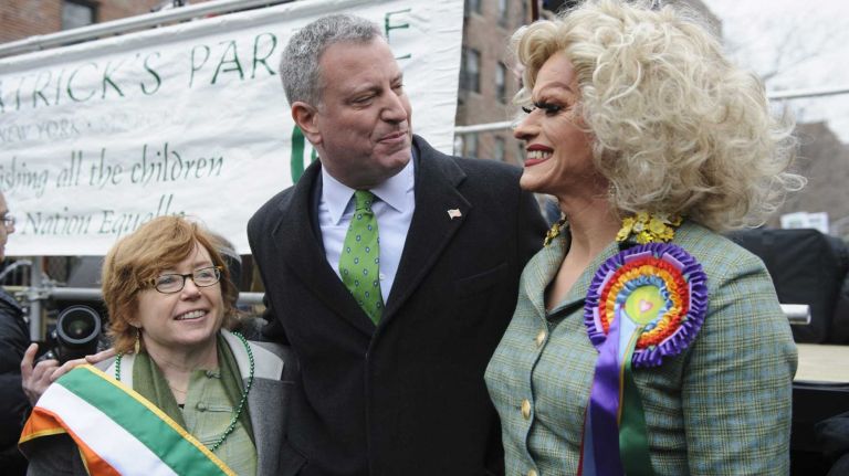 From left to right: St. Pat's for All parade Grand Marshall Terry McGovern, New York Mayor Bill de Blasio and Rory O'Neill (aka Panti Bliss) chat before the start of the parade on Skillman Avenue in the Sunnyside neighborhood of Queens on March 02, 2014. 