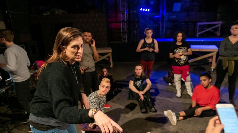 Director Shira Milikowsky talks to the cast during rehearsal for "Oscar at the Crown."&nbsp;