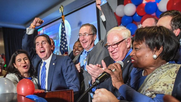 Members of the new NY state senate democratic majority left to right, Anna Kaplan, Todd Kaminsky, James Gaughran, John E. Brooks, and Andrea Stewart-Cousins celebrate their victory at Democratic Election night victory party at the Garden City hotel on Nov. 6, 2018.