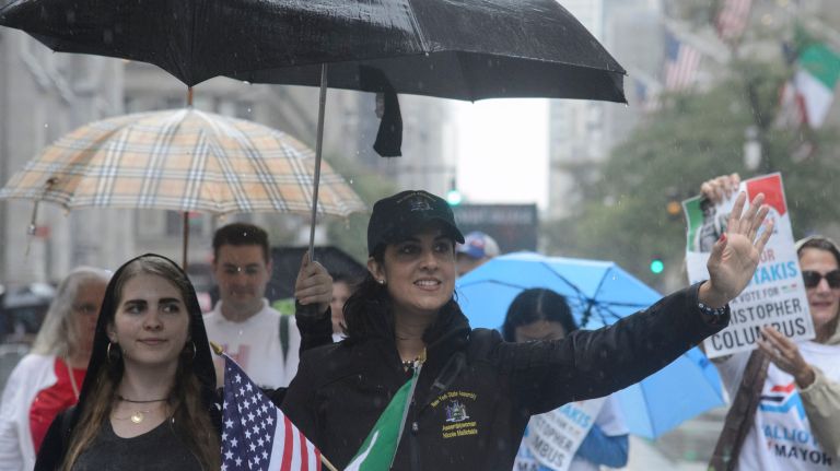 Republican New York City mayoral candidate Nicole Malliotakis, center, marches in the 73rd Columbus Day Parade, Manhattan, Monday, Oct. 9, 2017. The parade commemorates the explorations of Christopher Columbus in 1492.
