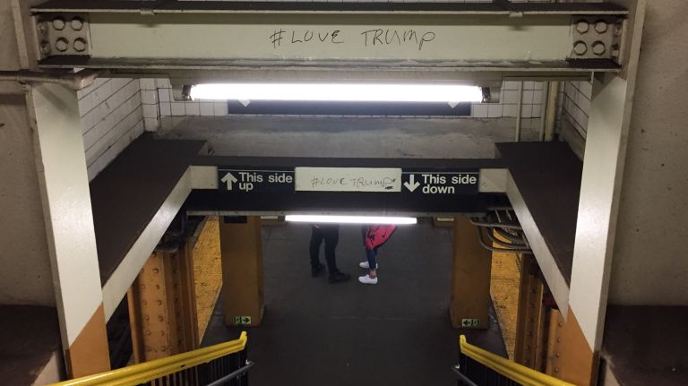 Trump-supporting vandal caught after NYPD builds a wall in Brooklyn Heights station 3 Graffiti reading "#LoveTrump" has been appearing at the station for months.