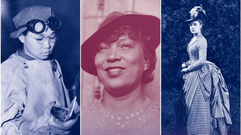 Women featured in the exhibit include, from left, Dorothy Lee, Zora Neale Hurston and Alice Austen.