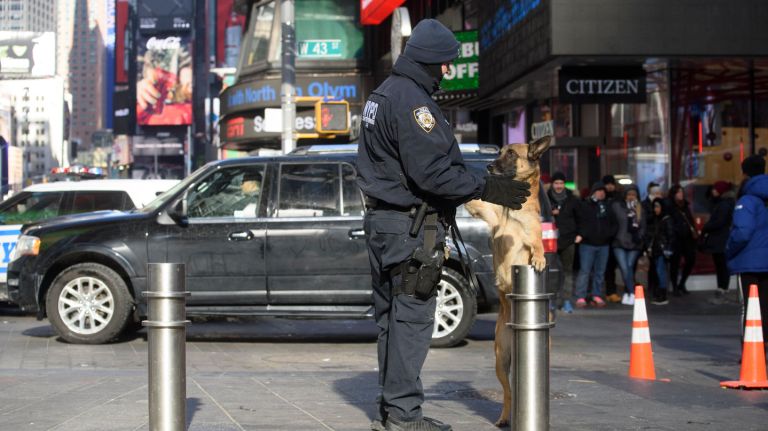 A concrete move for NYC safety 1 A NYPD counterterrorism canine places its paws on top of a security bollard in Times Square on Tuesday.
