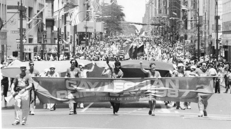Marchers make their way down Fifth Avenue on June 28, 1987, for the annual NYC Pride March.