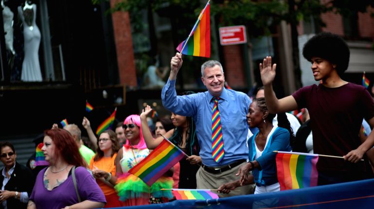 Mayor Bill de Blasio takes part in the NYC Pride March on June 28, 2015. The march took place two days after the U.S. Supreme Court's landmark decision guaranteeing nationwide same-sex marriage rights.