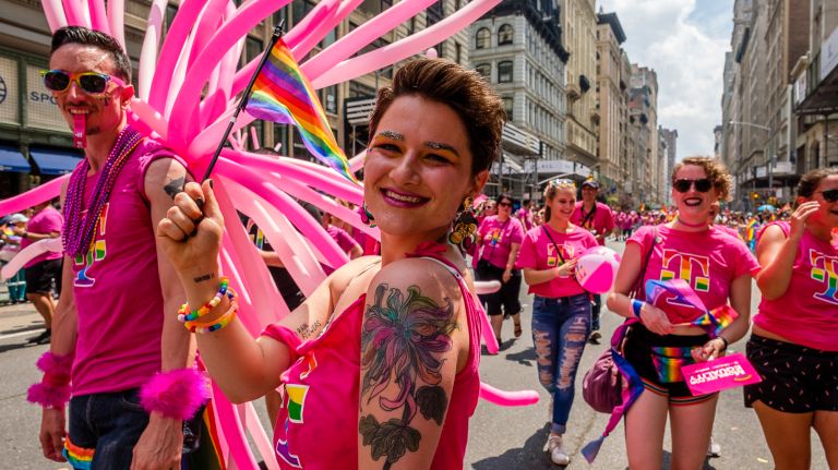 Marchers are pretty in pink at the NYC Pride March on Sunday, June 24, 2018.