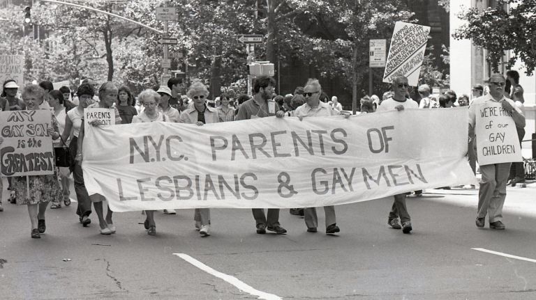 Members of the group NYC Parents of Lesbians and Gay Men march along Fifth Avenue in Manhattan at the Gay Pride Parade on June 28, 1981.