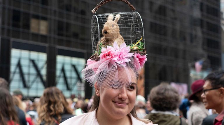 Easter parade in NYC: Pictures of the 2019 celebration in midtown 28 Someone decided to bring the Easter bunny with them with a caged rabbit hat.