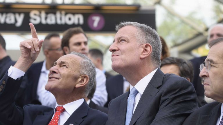 34th Street-Hudson Yards No. 7 subway station 34 From left, U.S. Sen. Chuck Schumer and New York City Mayor Bill de Blasio look towards the construction taking place in Hudson Yards during a ceremony marking the opening of the 34th Street-Hudson Yards No. 7 station in Manhattan on Sunday, Sept. 13, 2015.