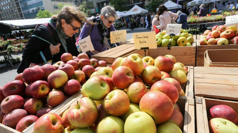 Shoppers at the Union Square Greenmarket, which donates excess food to City Harvest.