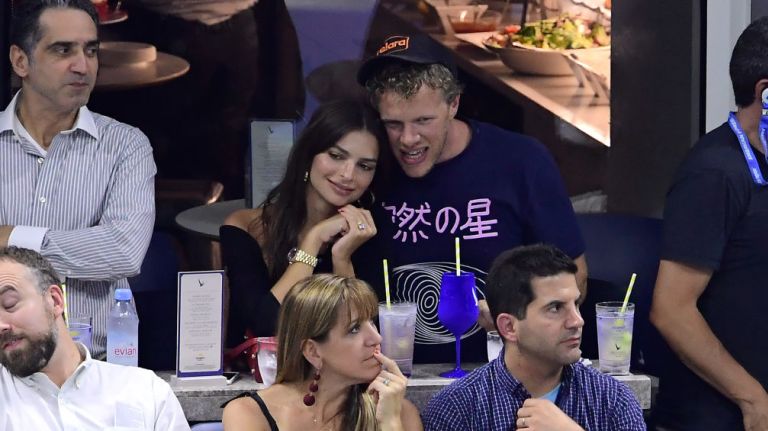 Emily Ratajkowski and Sebastian Bear-McClard visit the Grey Goose suite at Arthur Ashe Stadium on Sept. 5.