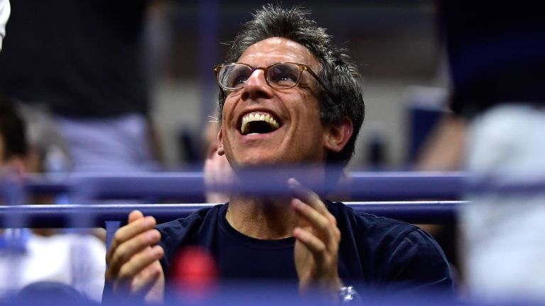 Ben Stiller cheers during the men's singles quarter-final match between Rafael Nadal of Spain and Dominic Thiem of Austria on Sept. 4.