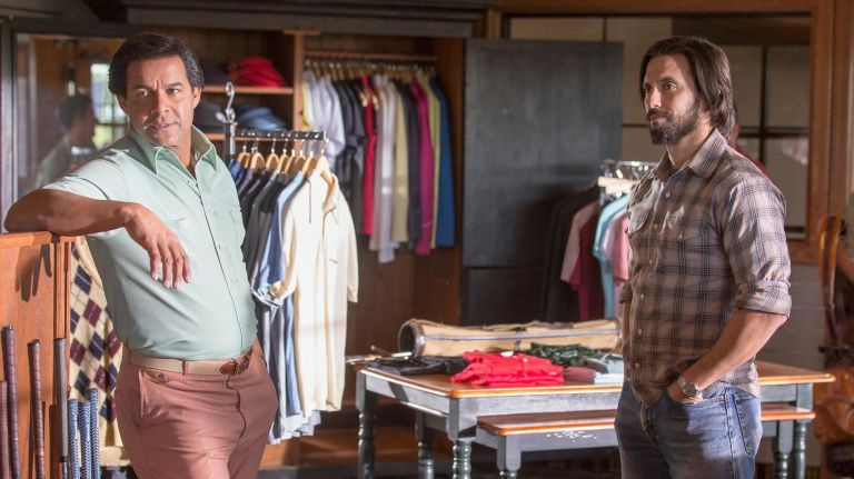 THIS IS US -- "The Big Day" Episode 112 -- Pictured: (l-r) John Huertas as Miguel, Milo Ventimiglia as Jack -- (Photo by: Ron Batzdorff/NBC)