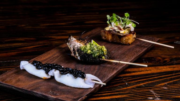 Before the L train shutdown, get to know these restaurants and bars 4 Skewer appetizers at Ammazzacaffé (from left): calamari (with squid ink mostarda and black garlic), gamberetto (head on prawn and salsa verde, and pancetta (pork belly, cherry pepper mayo, agro-dolce).