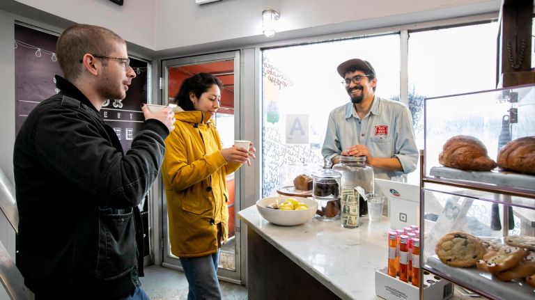 Before the L train shutdown, get to know these restaurants and bars 7 1080 Brew manager Garrett Gomez of Brooklyn speaks to customers and Bushwick residents Greg Dallas and Veronica Garcia on Nov. 13, 2018.