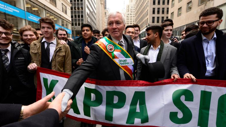 Grand Marshall Brian J. O'Dwyer, center, is joined by a group of &nbsp;Latino clients of the Emerald Isle Immigration Center as they march in this year's St. Patrick's Day parade in Manhattan on Saturday, March 16, 2017.