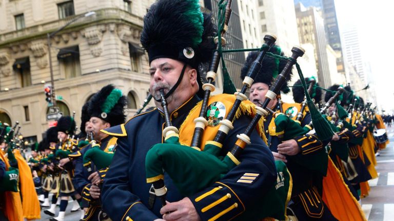 he NYPD Emerald Society pipe band makes their way down Fifth Avenue during the annual St. Patrick's day Parade in Manhattan on Saturday, March 16, 2017..