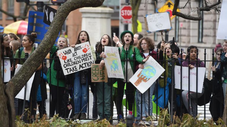 More than a thousand children from city schools gathered in City Hall Park to protest climate change and against the Williams Gas Pipeline plan.