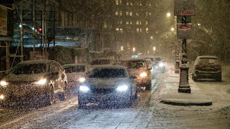 NYC weather: 1st snow of the season hits the 5 boroughs 1 Drivers were stuck in traffic on Park Row near City Hall during Thursday's snowstorm.