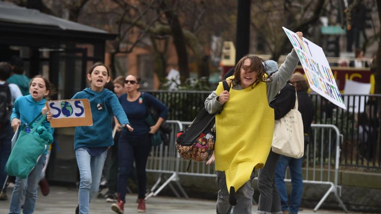 More than a thousand children from city schools gathered in City Hall Park to protest climate change and against the Williams Gas Pipeline plan.