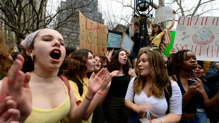 More than a thousand children from city schools gathered in City Hall Park to protest climate change and against the Williams Gas Pipeline plan.