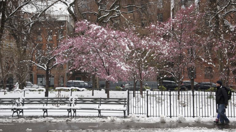 Tompkins Square Park in Manhattan is blanketed with snow April 2, 2018.